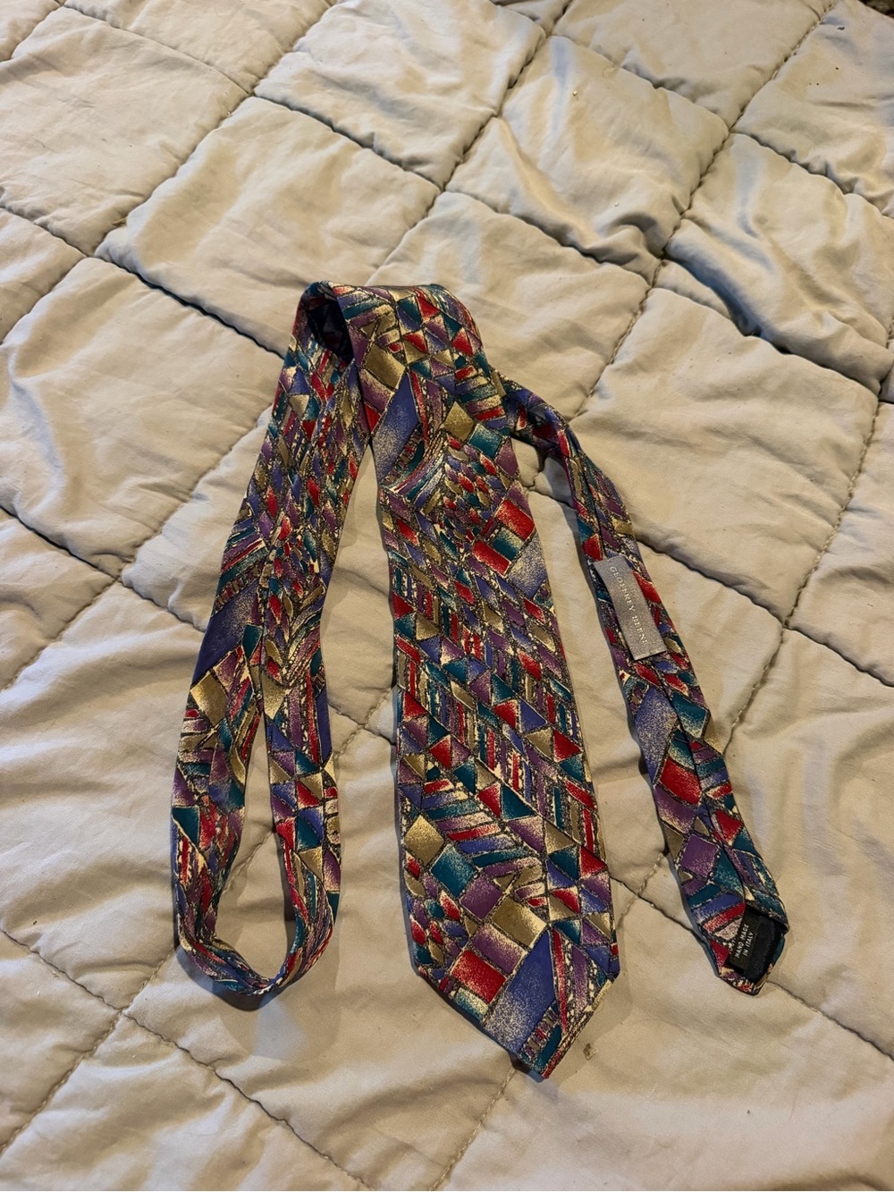 Geoffrey Beene Multicolor Geometric Silk Tie with Purple and Red Accents